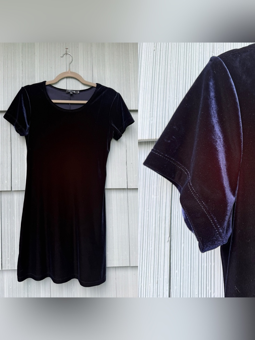 vintage dark blue short sleeve velvet dress, women's size medium, stretch